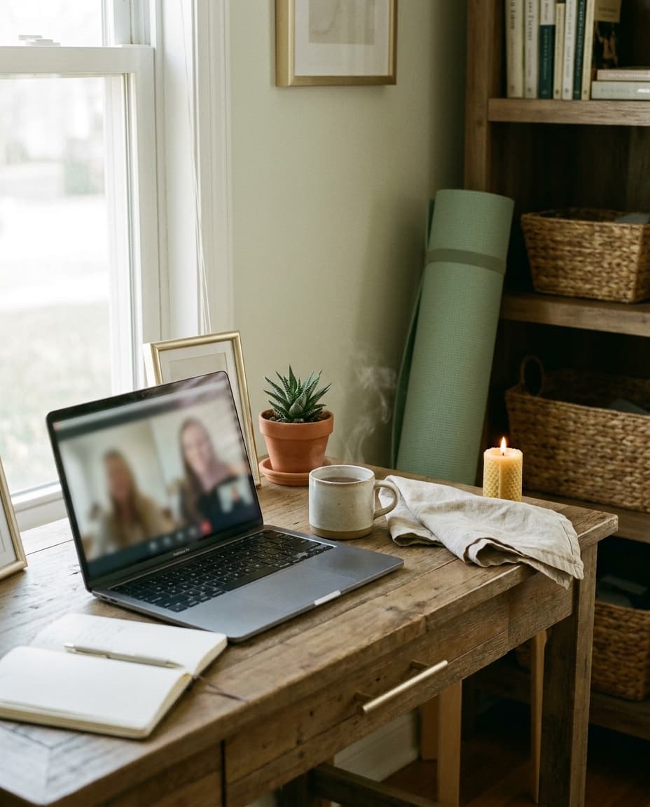 Ruhiger Online-Coaching-Arbeitsplatz mit Laptop, Kräutertee und Yogamatte