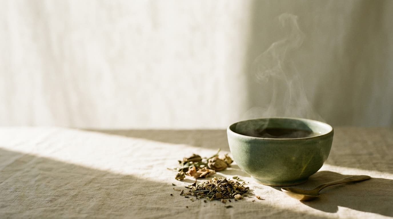 Dampfende Schale mit Ayurveda-Kräutertee im warmen Morgenlicht