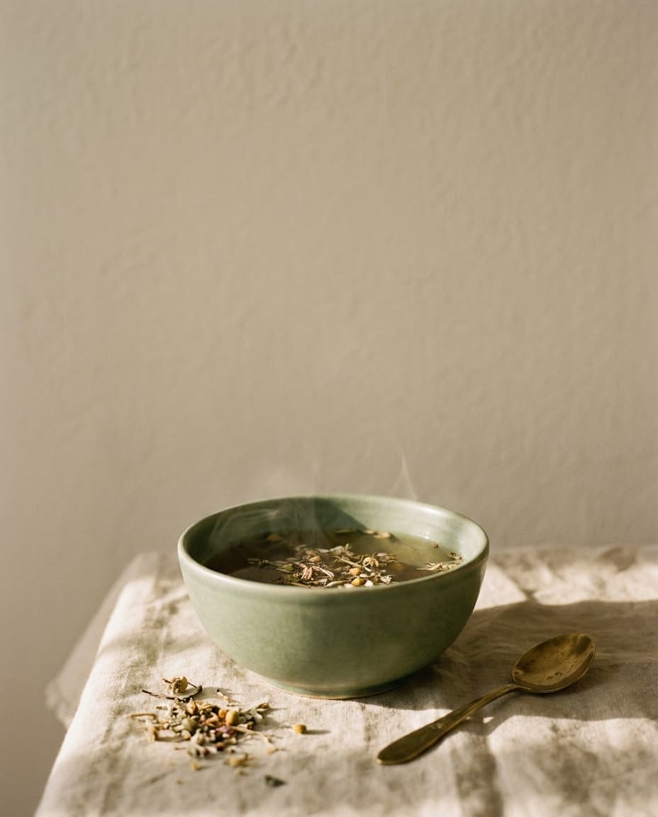 Dampfende Schale mit Ayurveda-Kräutertee im warmen Morgenlicht